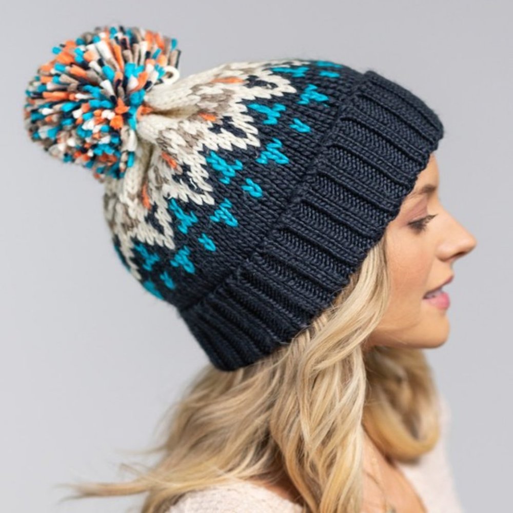 ๐ Blue / Cream Multicolor Knit Beanie w/ Cute Multicolor Pom-Pom ๐ - Picture 1 of 7